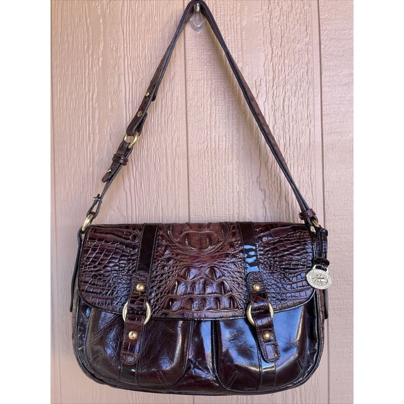 Brahmin Brown Croc Textured Leather Soulder Bag Purse - Picture 2 of 12